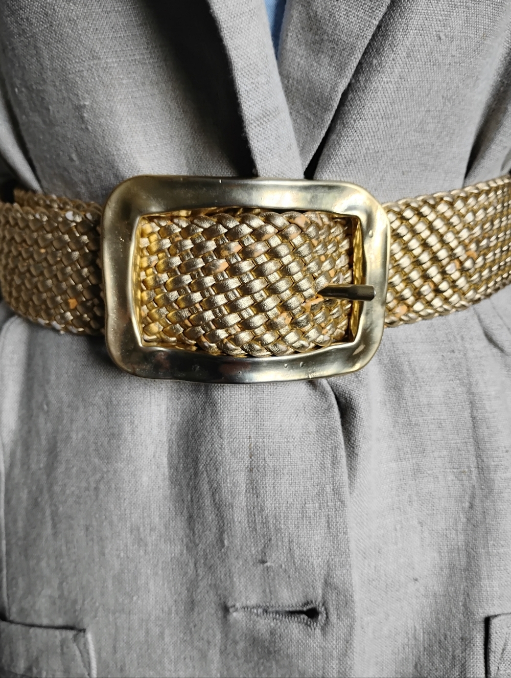 Vintage Abel Metallic Gold Wide Woven Leather Statement Belt Boho Glam Italy 90s